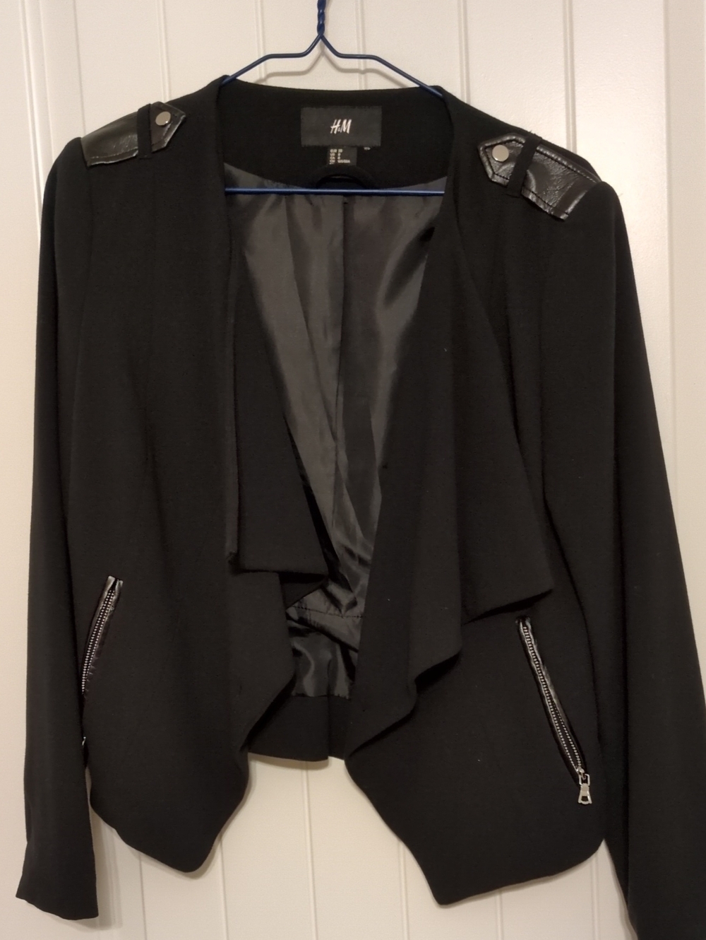 H&M Black Draped Open-Front Blazer with Faux Leather Epaulets
